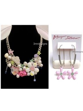 NWT Betsey Johnson💋SPRING FLING Silver Tone CZ Crystals Earrings & Necklace Set